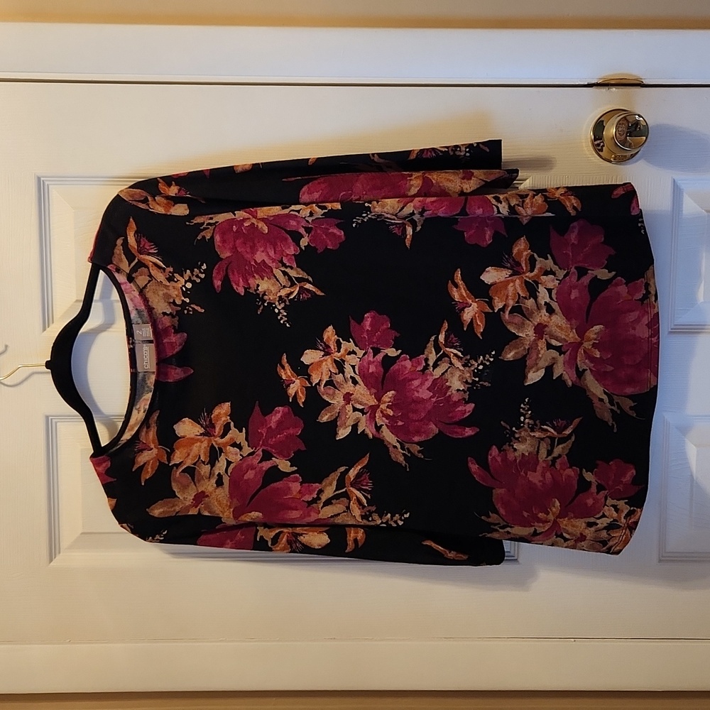 Chico's Misses Black Floral 3/4 Sleeve Top Size 2 Large EUC